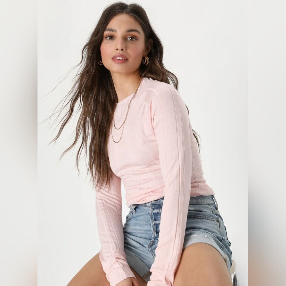 Free People Eyes Wide Open Light Pink Ribbed Long Sleeve Knit Top